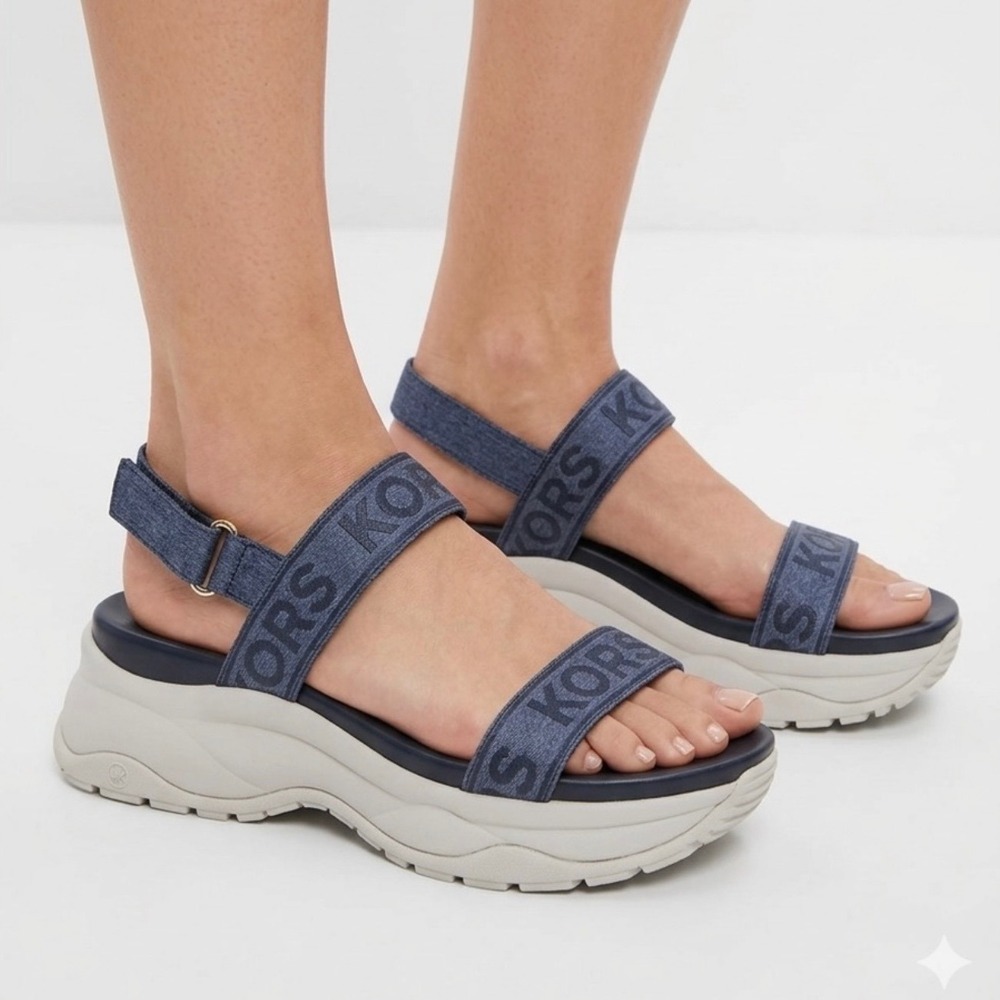 Michael Kors Womens Denim Logo Platform Sandals Blue Navy LS25C Size 8M